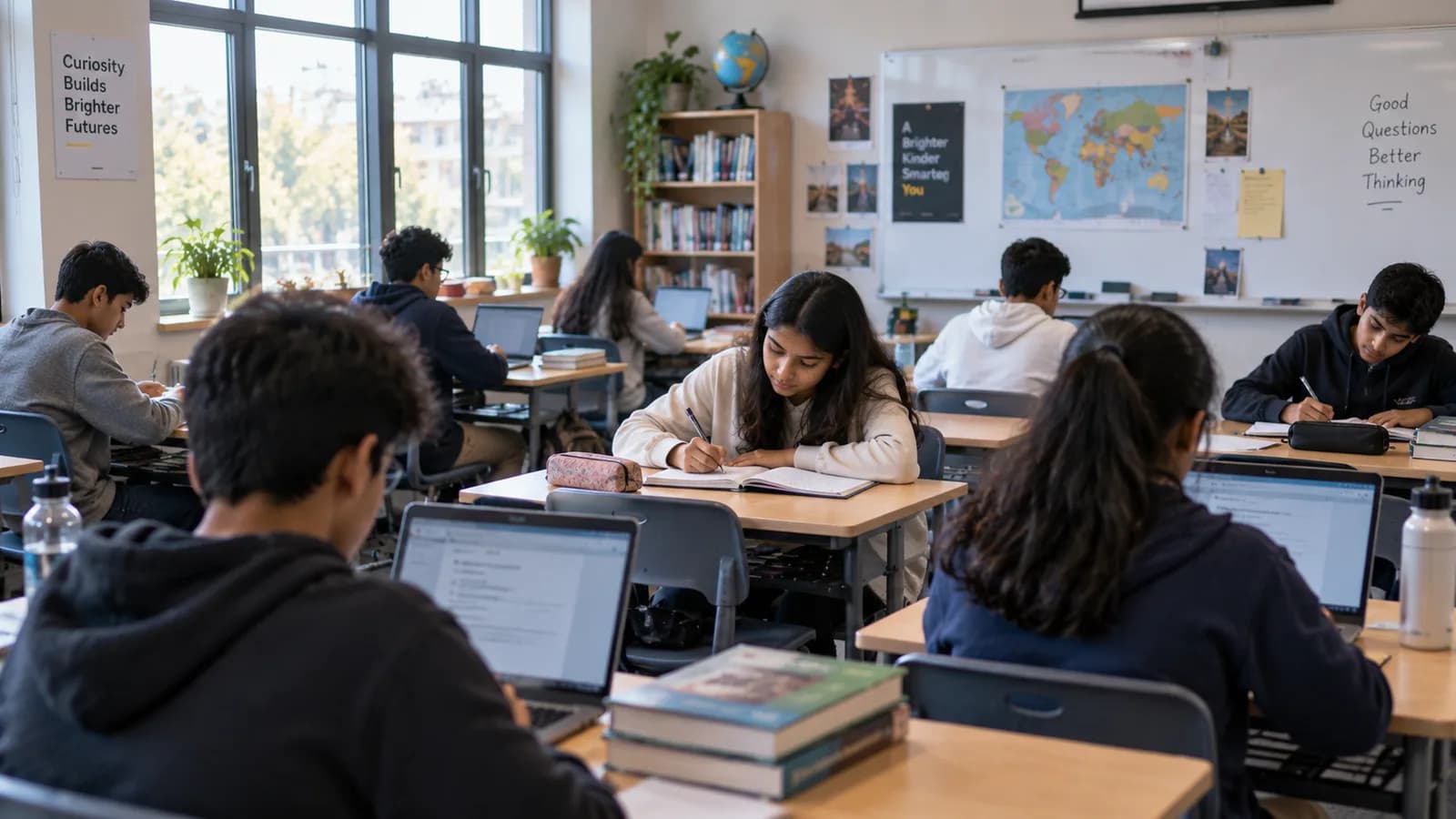 Students working at desks in a bright classroom with laptops and printed material