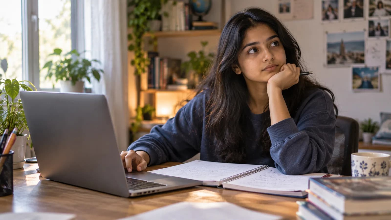 Student looking up from her laptop mid-thought, pen in hand, with an open notebook of working on the desk