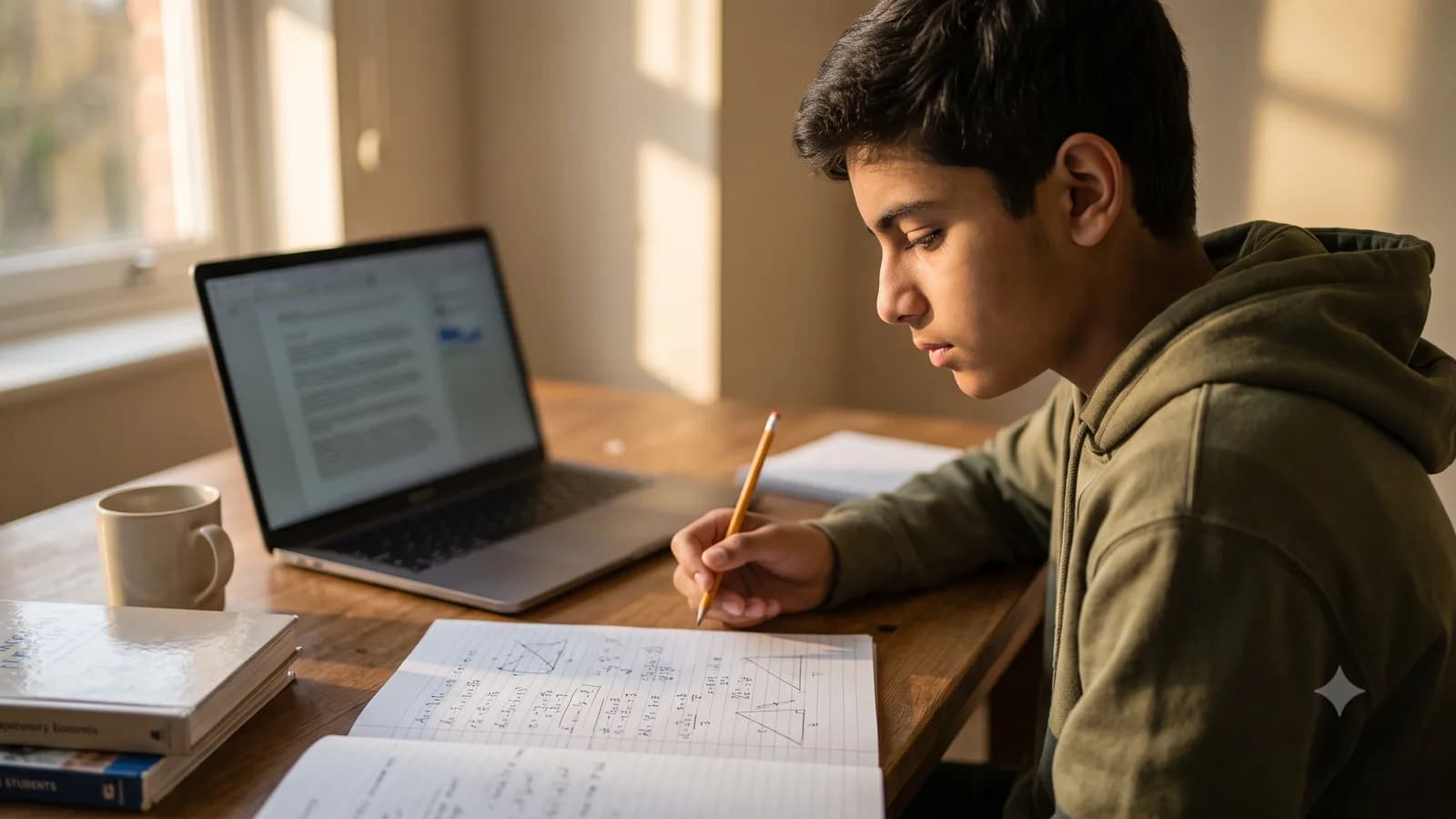 Student working through a handwritten problem with a pencil beside an open laptop