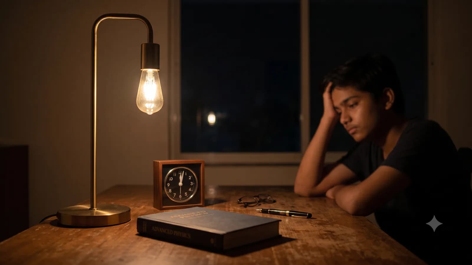 A desk lamp and small clock beside a closed book late at night with a student in the background