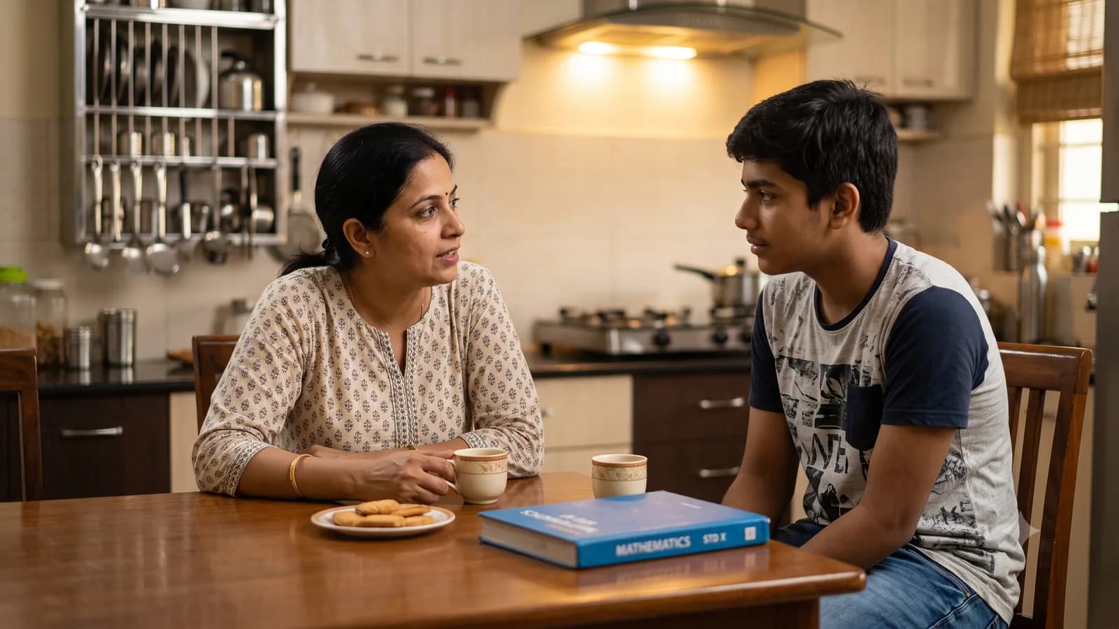 A parent and teenager talking at a kitchen table with a closed schoolbook between them
