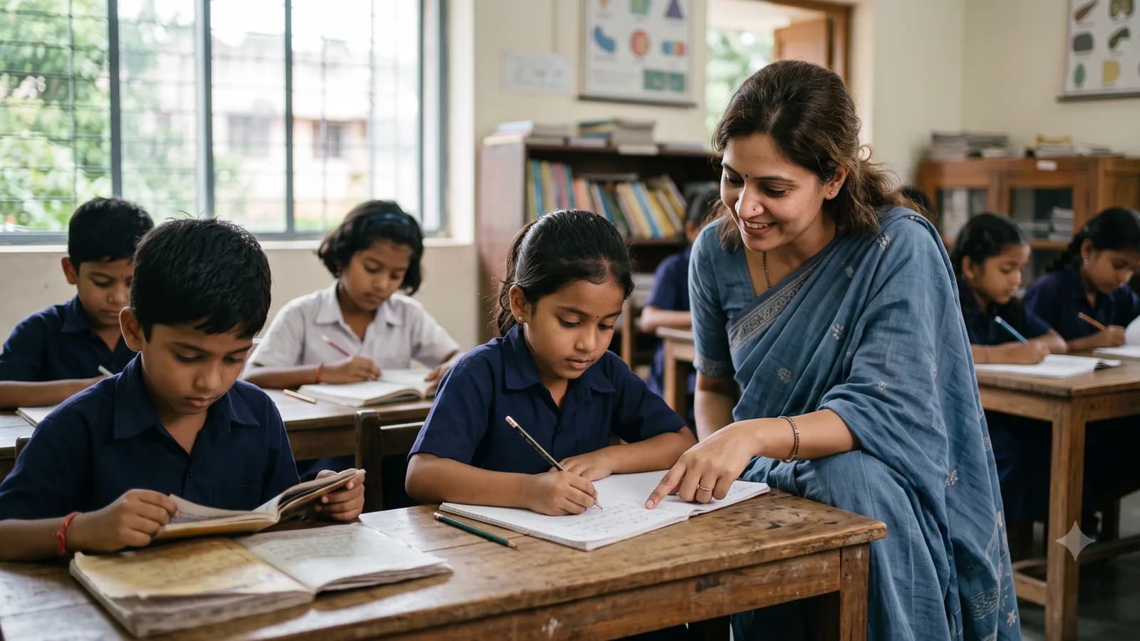 Teacher leaning over a classroom desk to guide a girl writing in her notebook