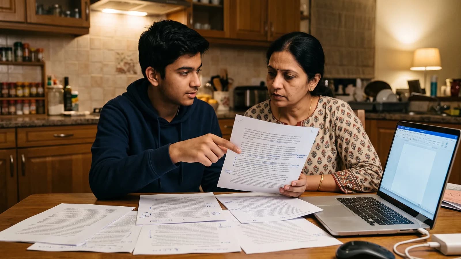 A student and parent reviewing printed essay drafts beside a laptop at a kitchen table