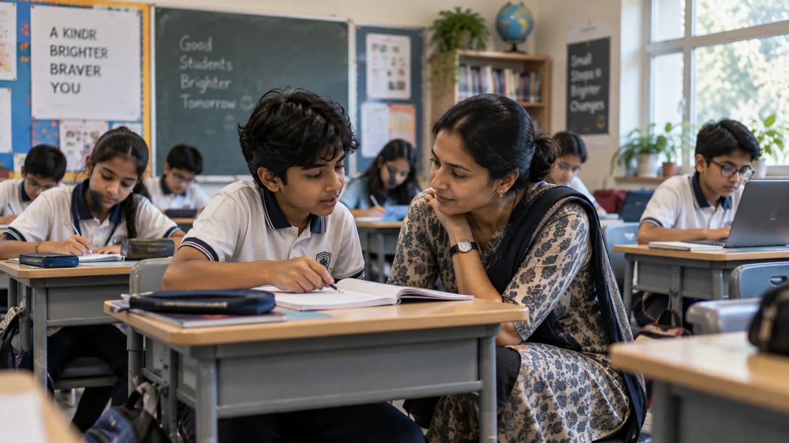Teacher sitting beside a student at his desk, listening as he explains the page
