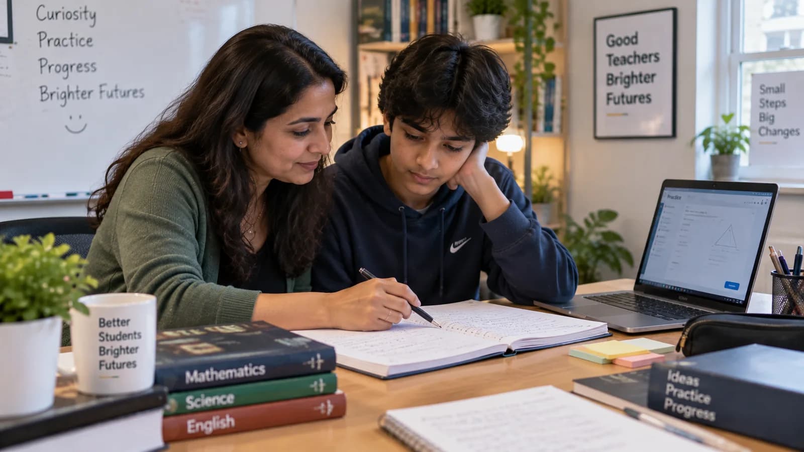 Teacher and student reviewing written work together with a laptop open beside them