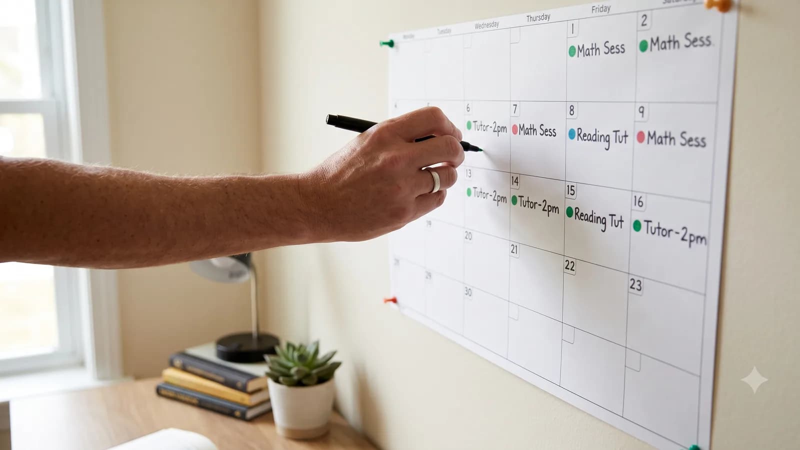 A hand marking tutoring sessions on a wall planner in a home study area