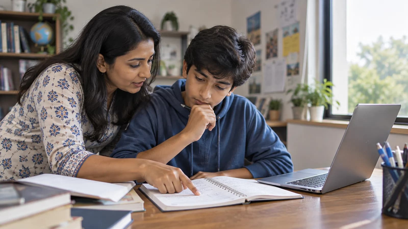 Tutor explaining written working to a student while a laptop sits open on the same desk