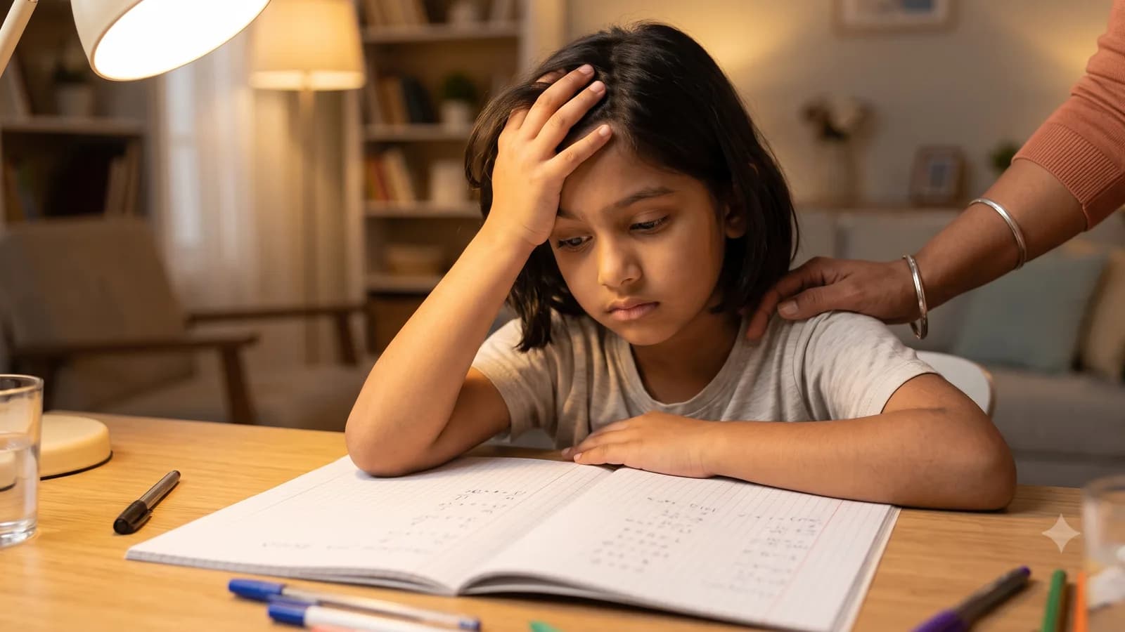 A discouraged child resting their head on one hand over a maths exercise book while an adult's hand rests on their shoulder