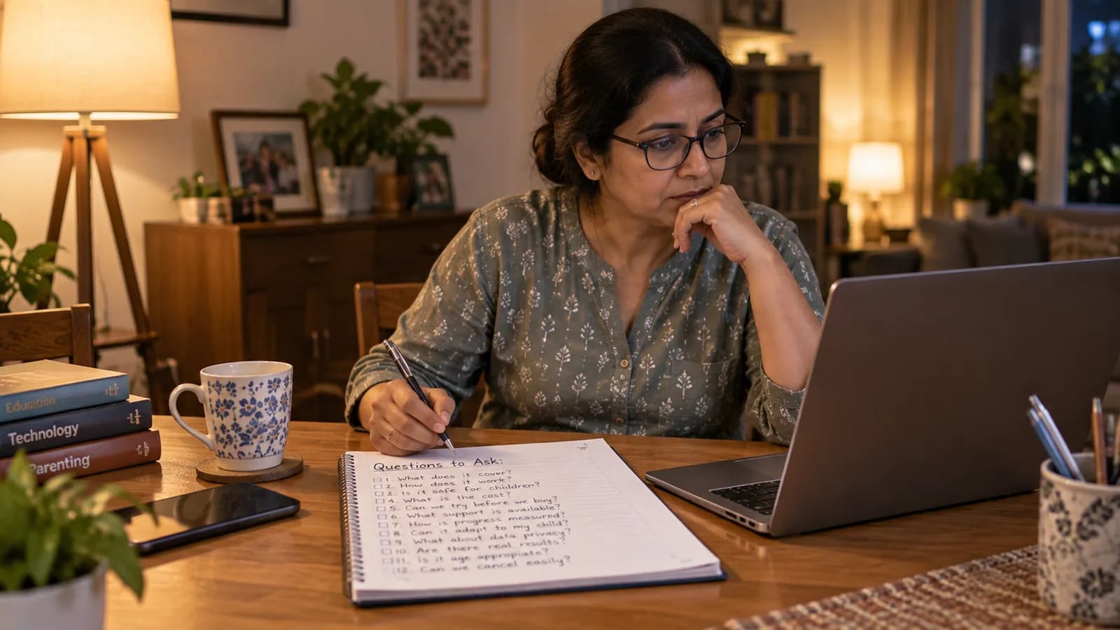 Parent comparing options on a laptop with handwritten questions on a notepad