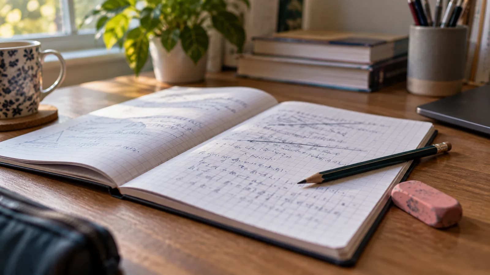 An open squared-paper notebook of handwritten working with earlier attempts crossed out, a pencil and eraser resting beside it on a sunlit desk