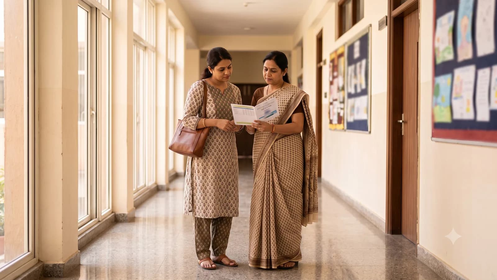 Parent and class teacher looking together at a report card in a school corridor