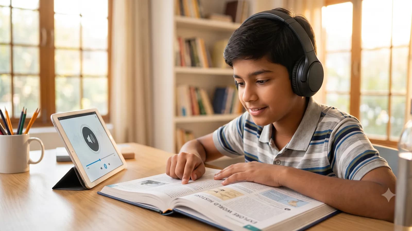Student wearing headphones following a line of text with a finger while listening to it read aloud