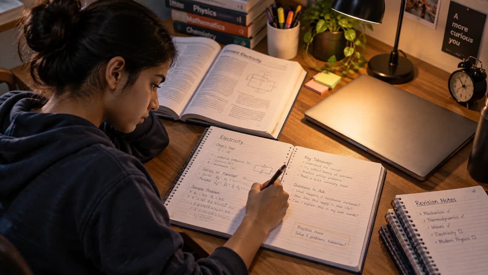 Student solving problems by hand in a notebook with textbooks and a laptop nearby