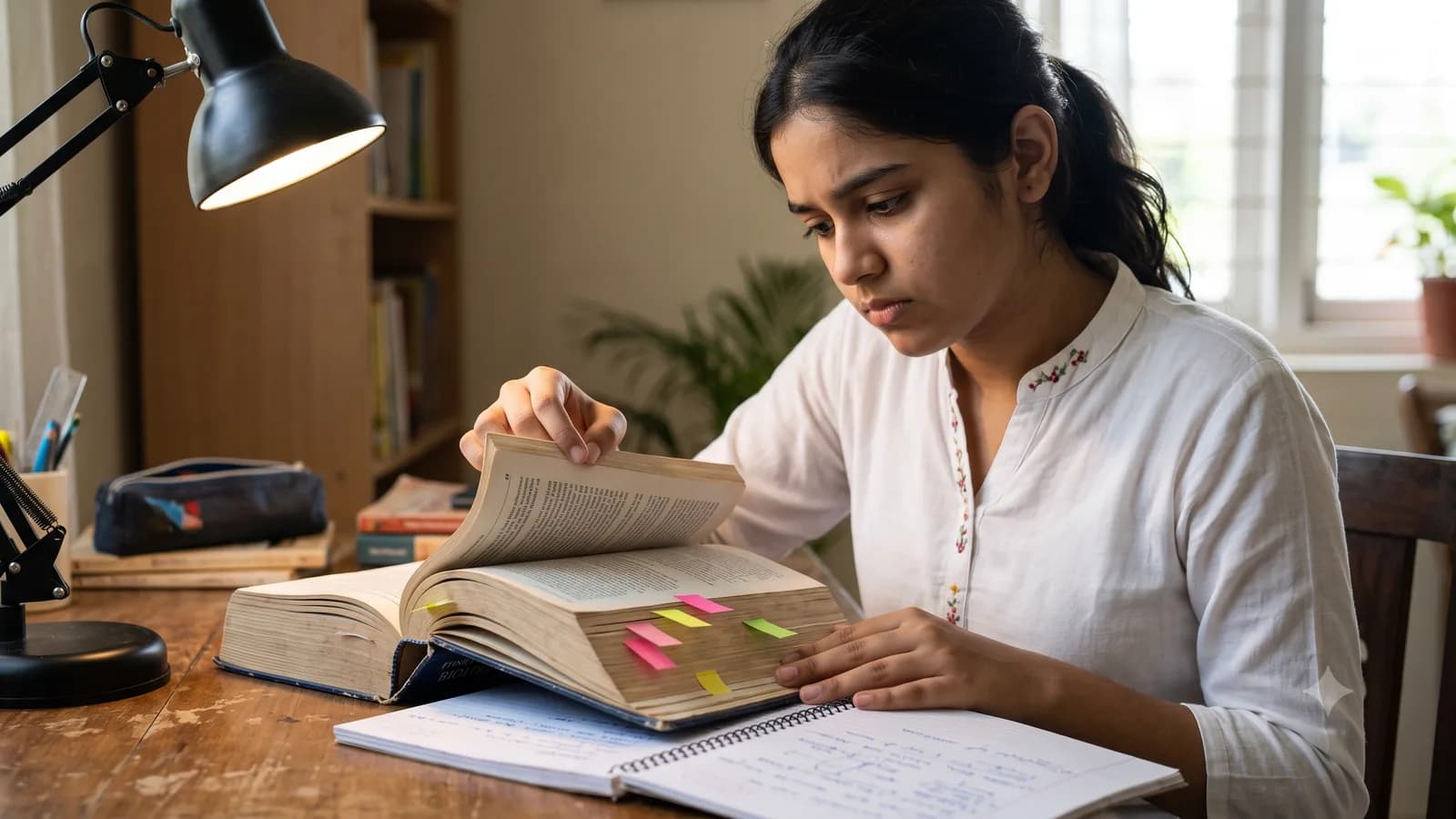 Student turning back through earlier textbook chapters with coloured sticky tabs marking pages
