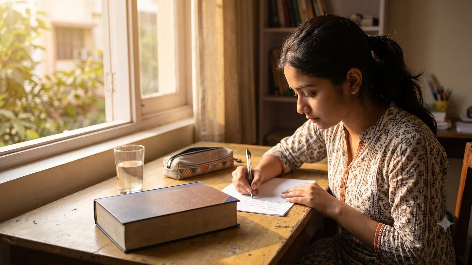 Student writing from memory on blank paper with a closed textbook face-down beside them