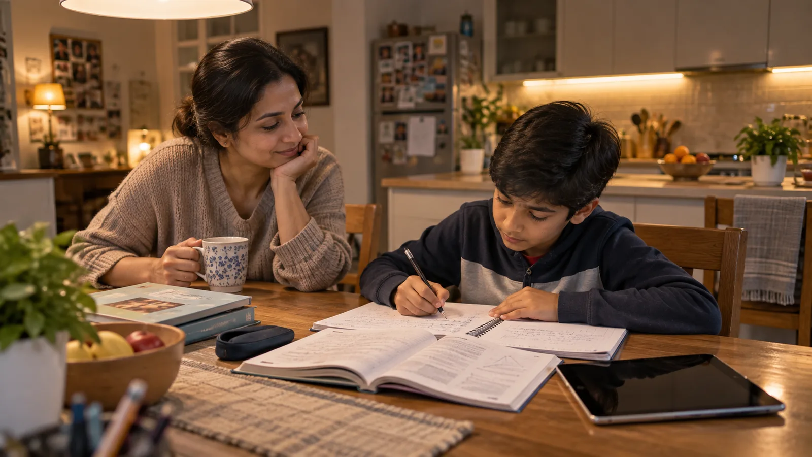 A boy works through his homework at the kitchen table while his mother sits beside him